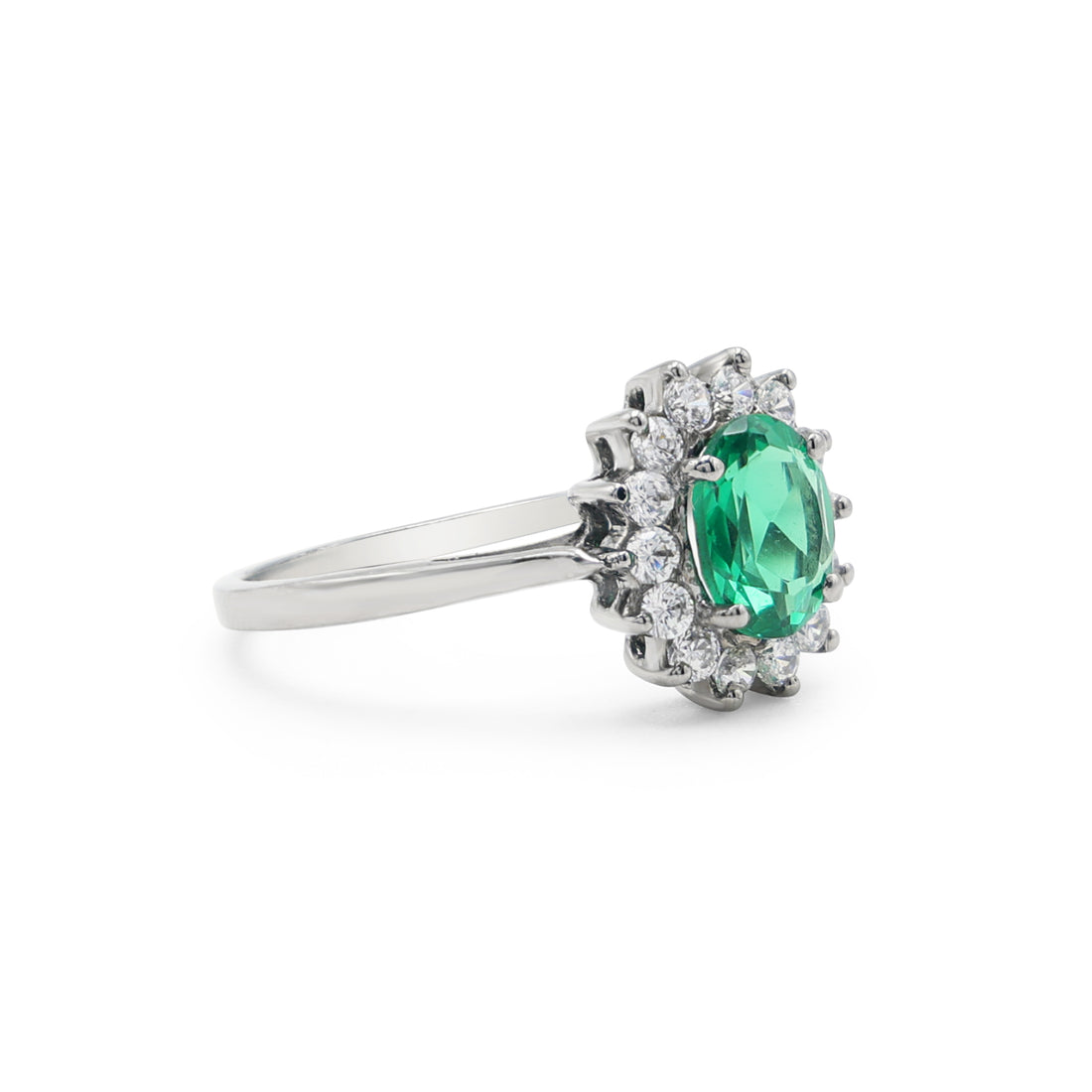 925 Sterling Silver Rhodium Plated Lab Grown Green Stone Halo Ring La Joyeria