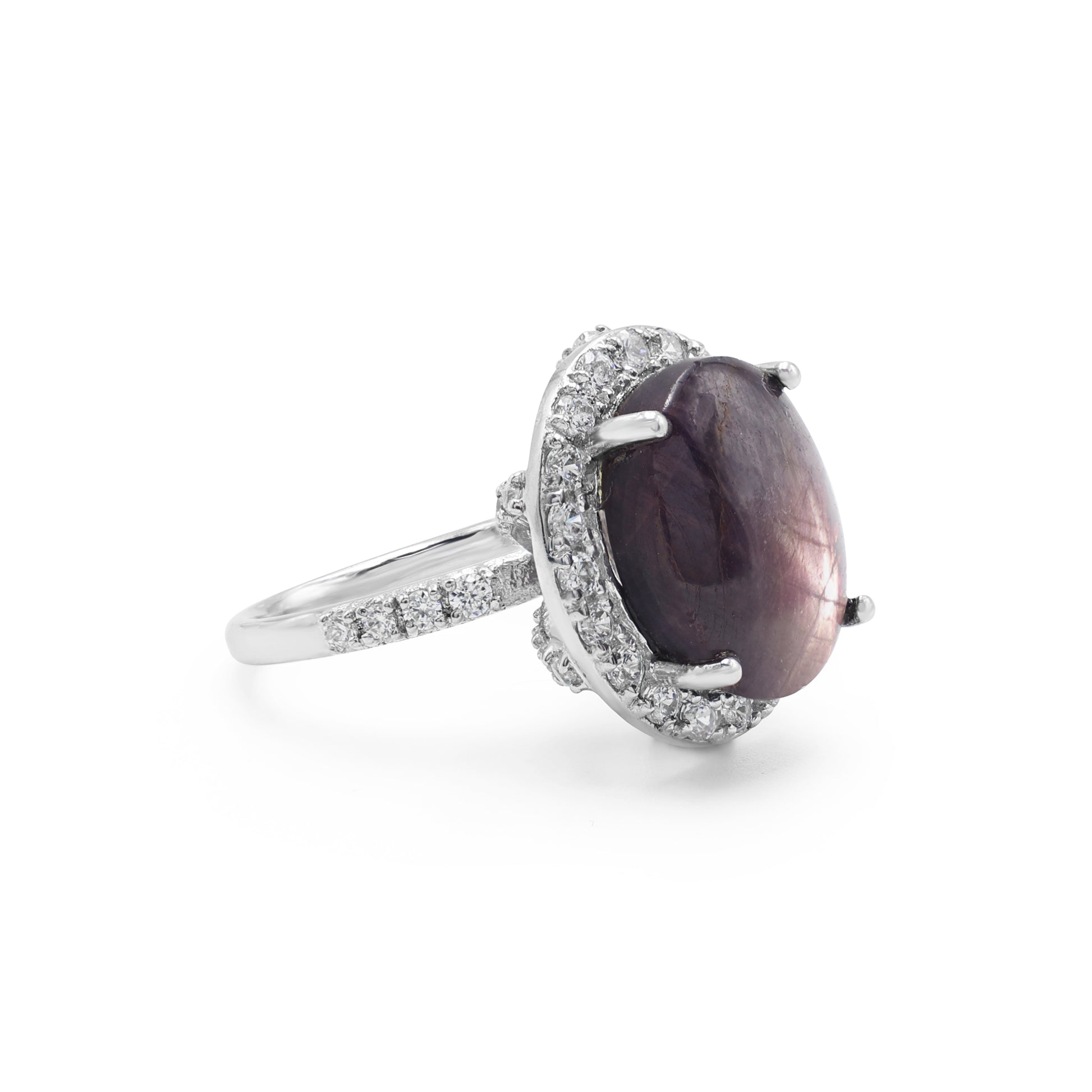 925 Sterling Silver Rhodium Plated Star Ruby Halo Ring La Joyeria Side View