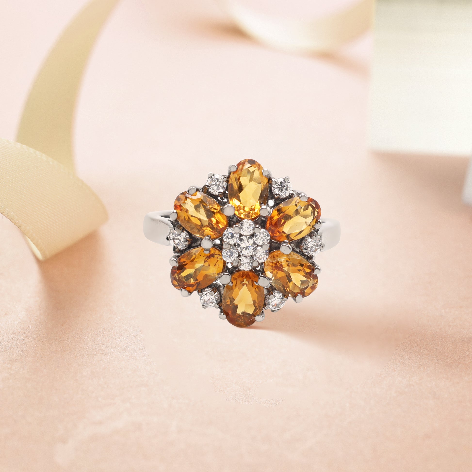 925 Sterling Silver Silken Petal Citrine Ring Front View 