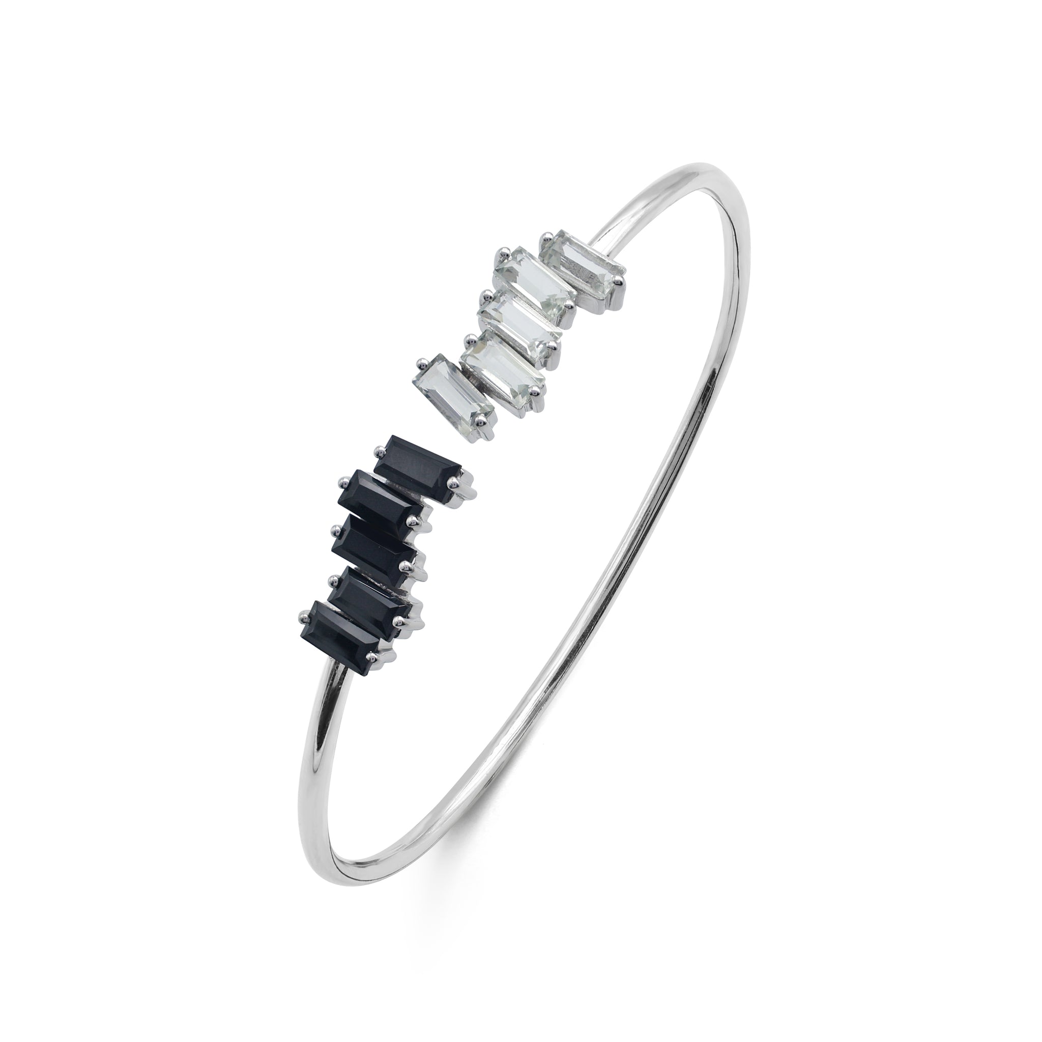 925 Sterling Silver Toi et Moi Cuff Bangle with Baguette-Cut Black Onyx & Green Amethyst