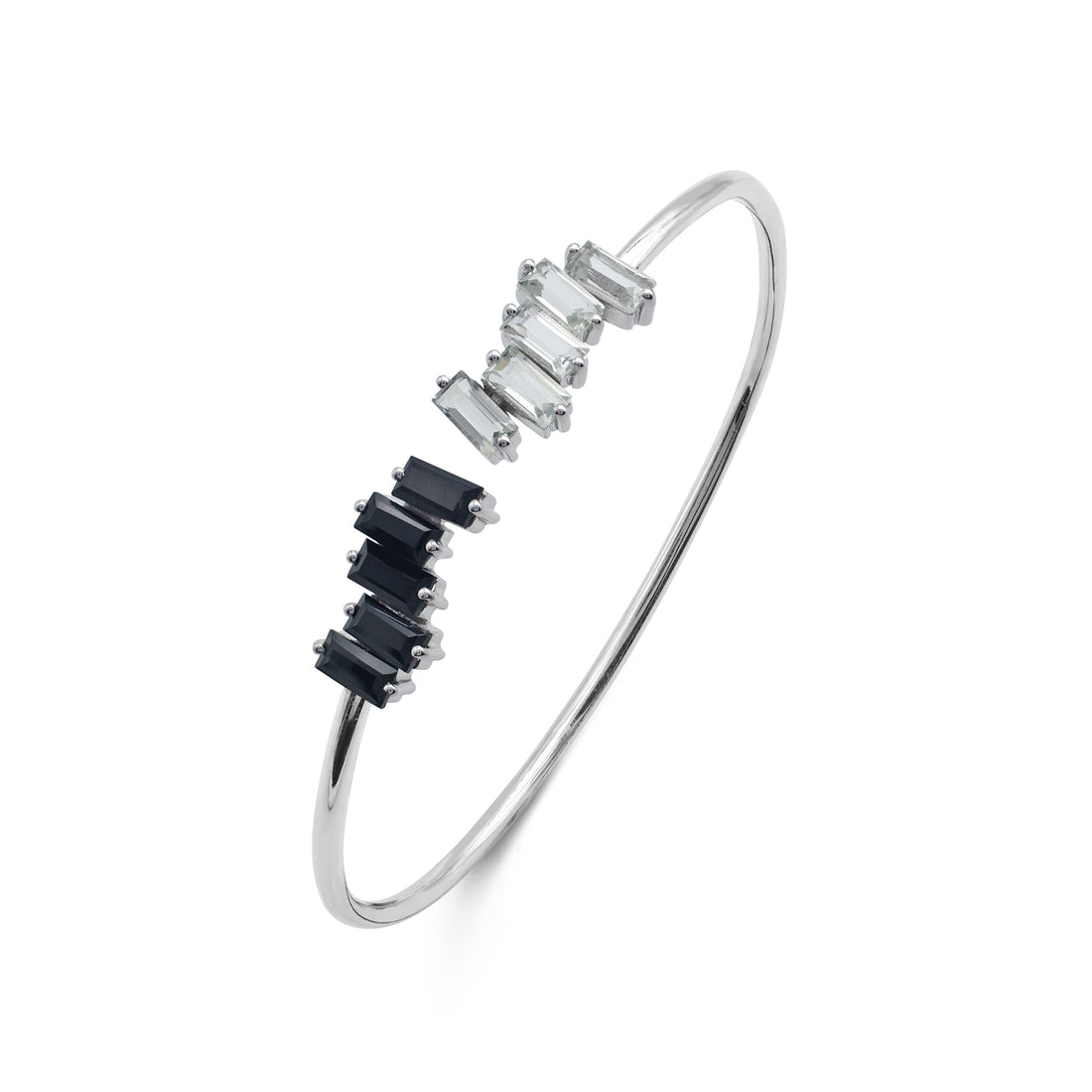 925 Sterling Silver Toi et Moi Cuff Bangle with Baguette-Cut Black Onyx & Green Amethyst