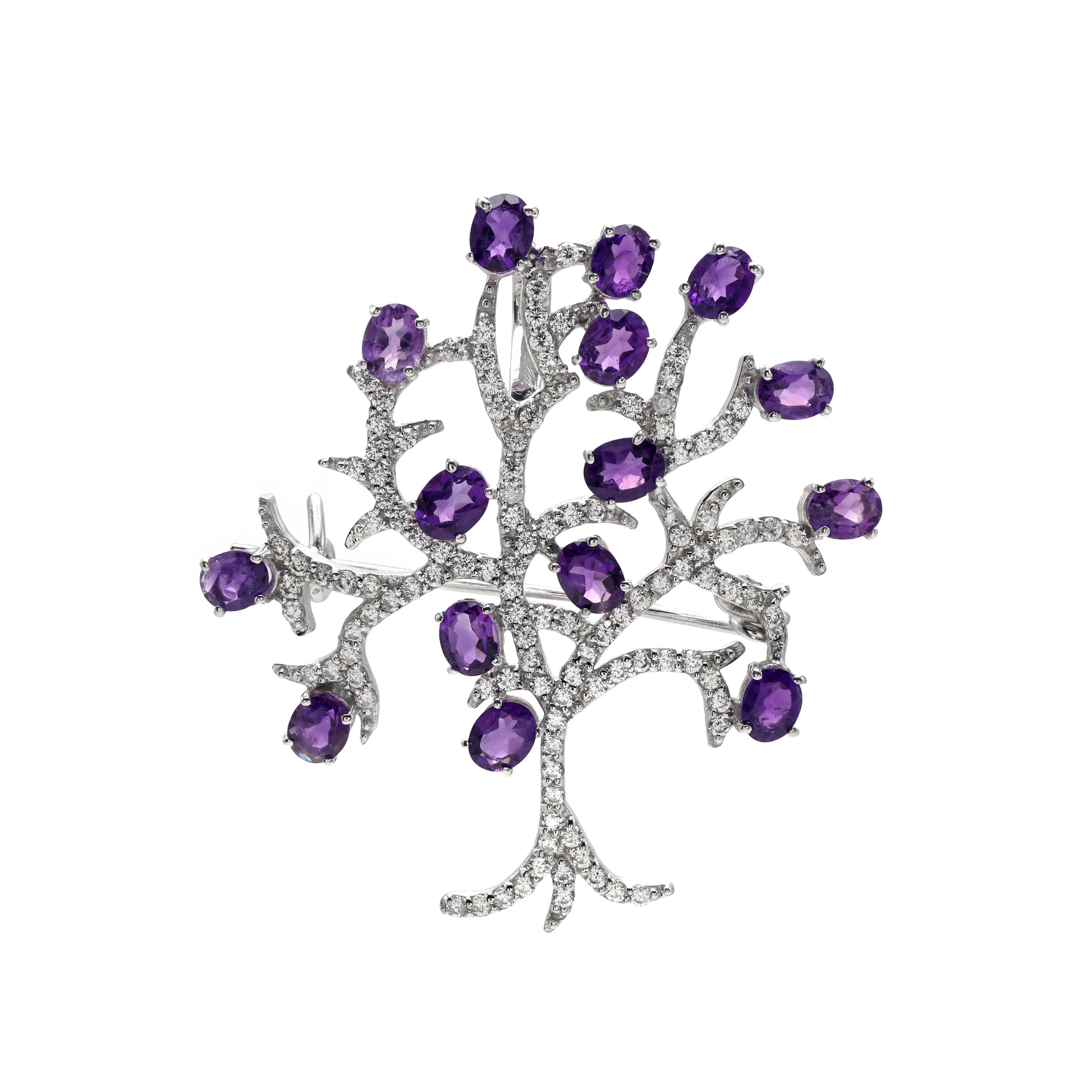 925 Sterling Silver Tree Amethyst Brooch