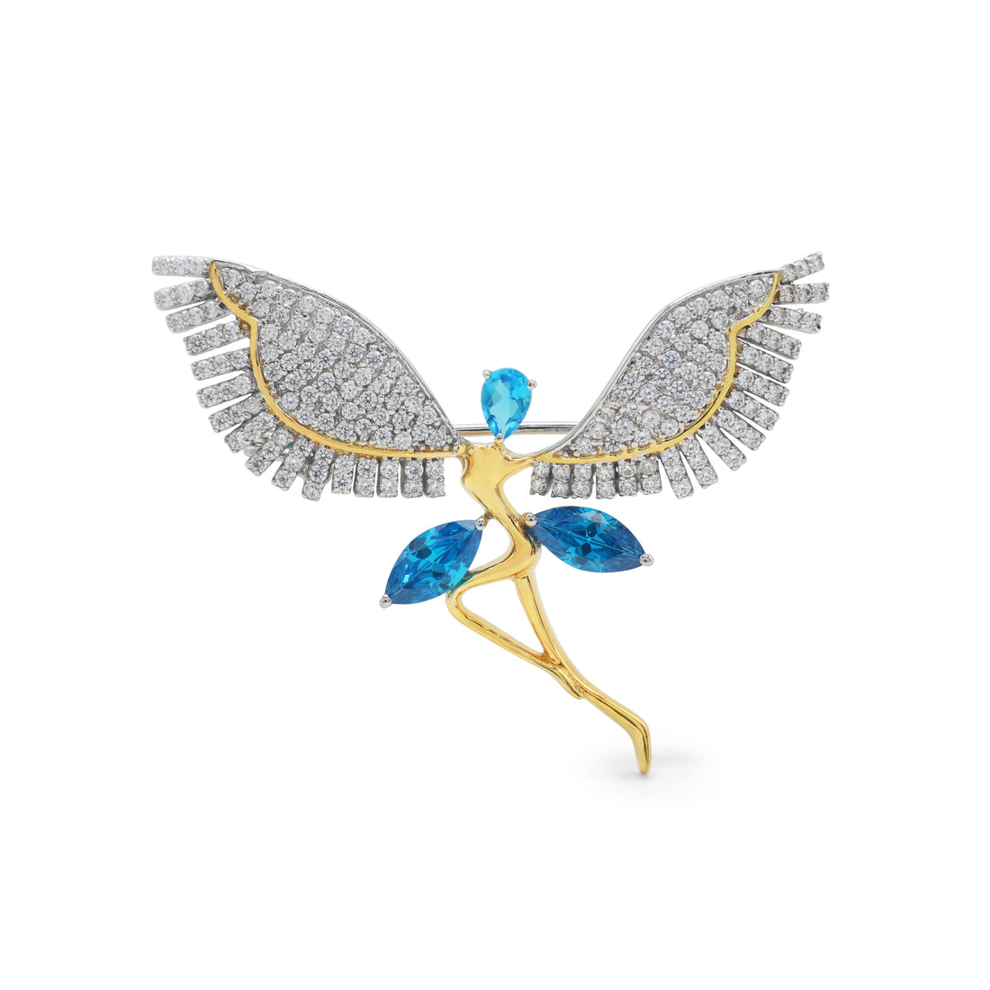 925 Sterling Silver Winged Brooch | Cubic Zirconia & Lab-Grown Blue Stone