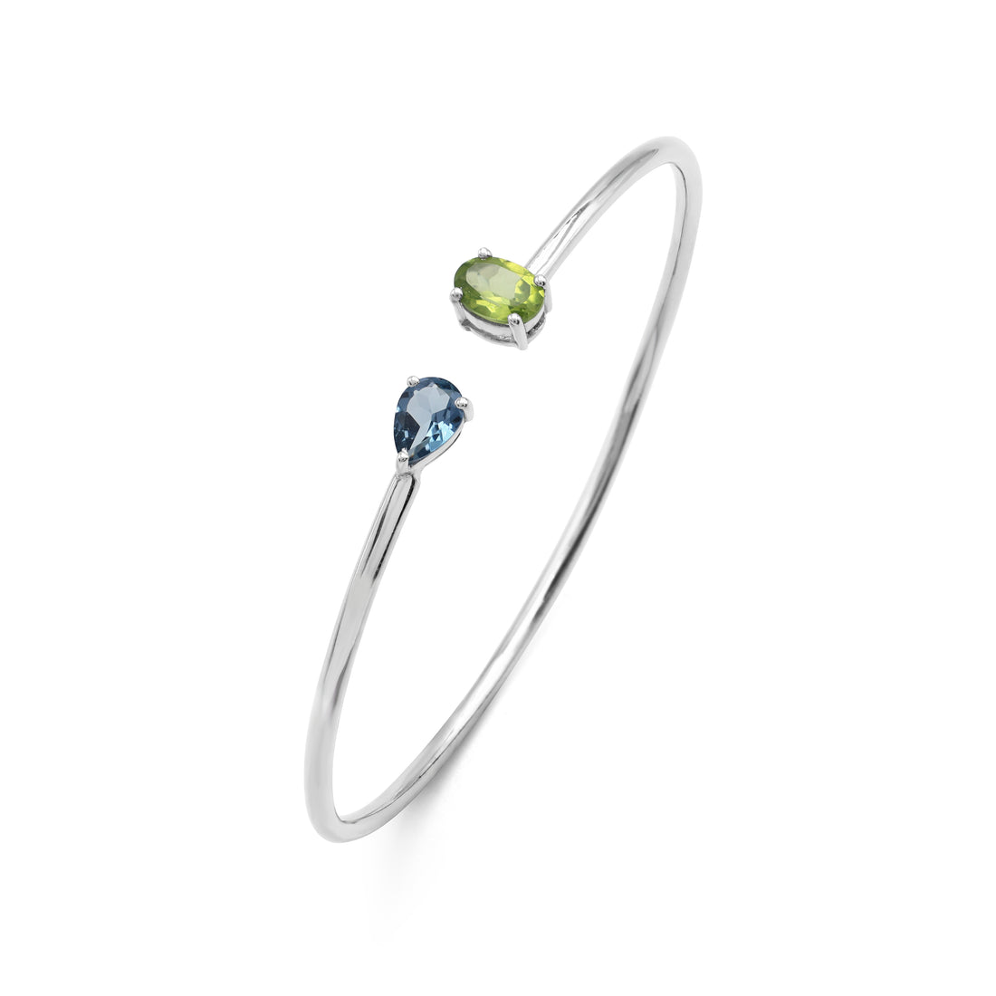 Toi et Moi Open Cuff Bangle with London Blue Topaz & Peridot in 925 Sterling Silver