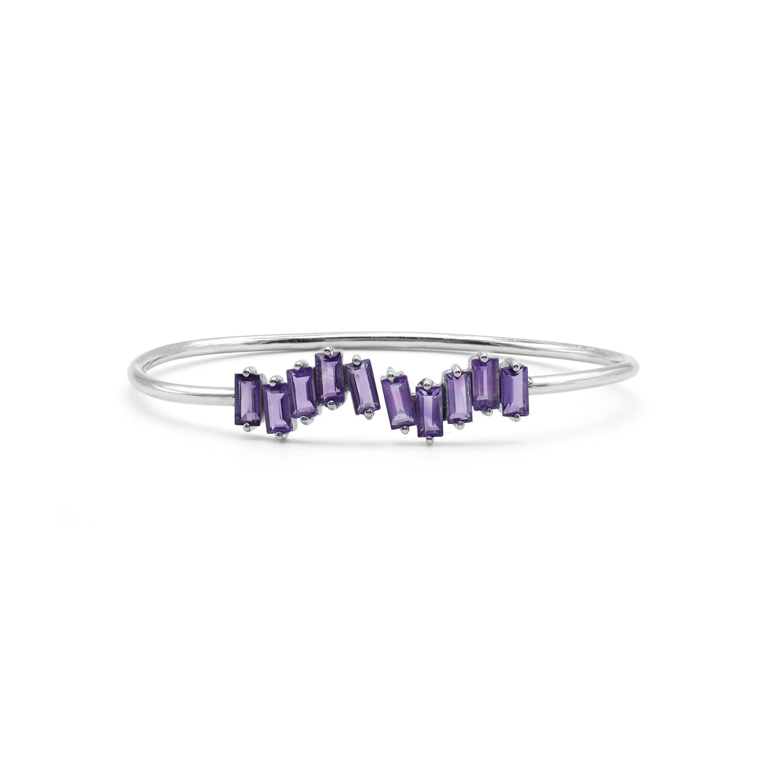 Geometric Wave Bangle in 925 Sterling Silver with Baguette-Cut Amethyst