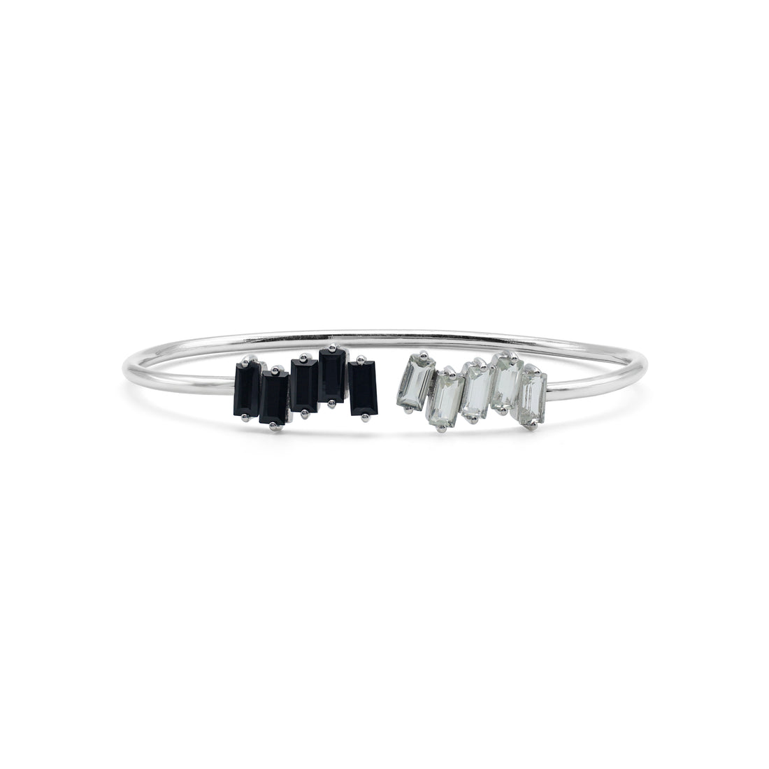 925 Sterling Silver Toi et Moi Cuff Bangle with Baguette-Cut Black Onyx & Green Amethyst