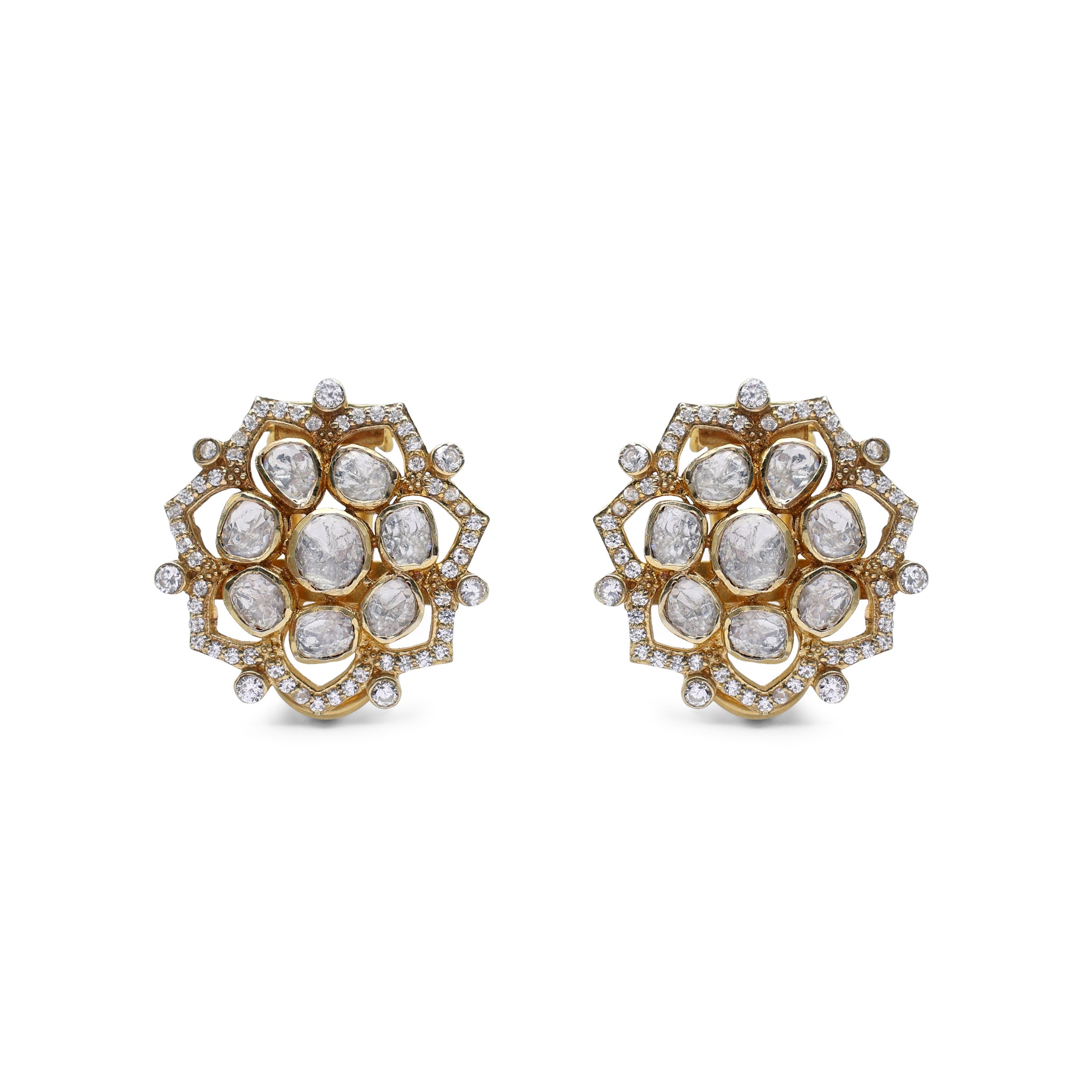Regal Moissanite & CZ Floral Halo Stud Earrings in Gold Finish 925 Sterling Silver