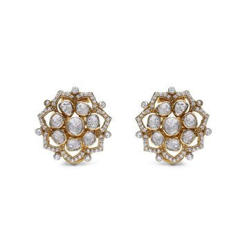 Regal Moissanite & CZ Floral Halo Stud Earrings in Gold Finish 925 Sterling Silver