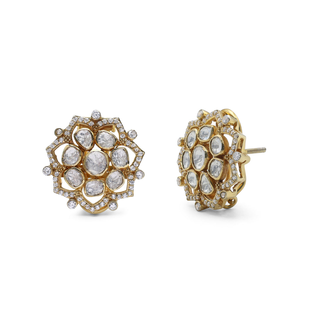 Regal Moissanite & CZ Floral Halo Stud Earrings in Gold Finish 925 Sterling Silver