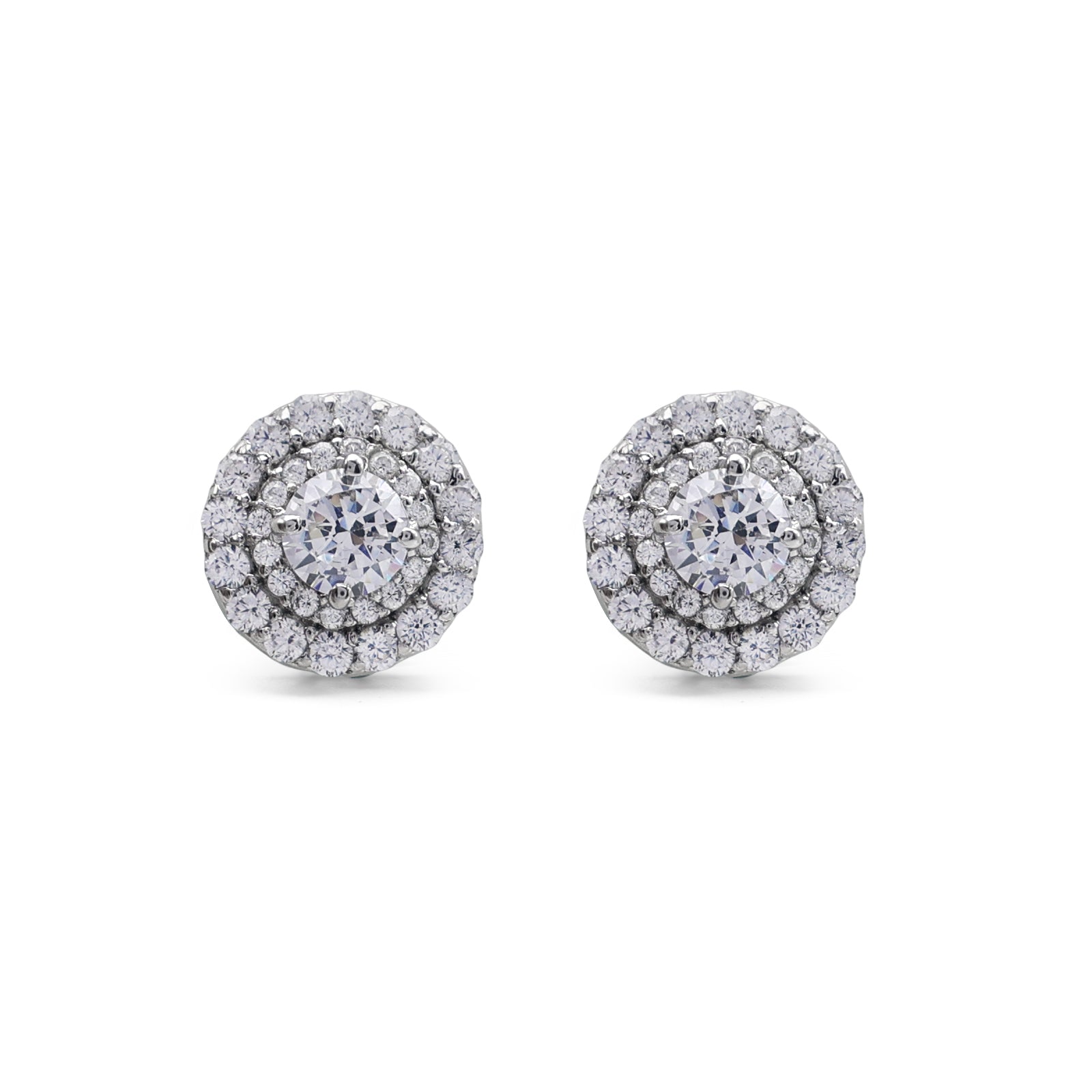 Brilliant Round Double Halo Stud Earrings with Cubic Zirconia in 925 Sterling Silver