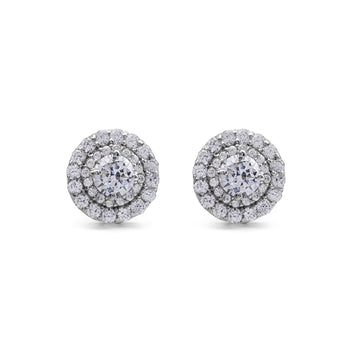 Brilliant Round Double Halo Stud Earrings with Cubic Zirconia in 925 Sterling Silver