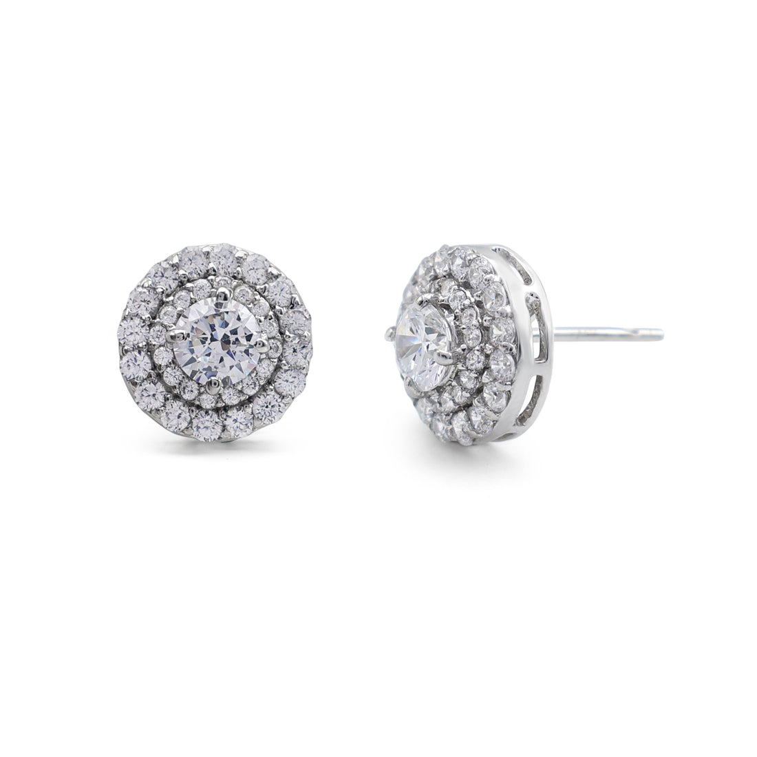Brilliant Round Double Halo Stud Earrings with Cubic Zirconia in 925 Sterling Silver