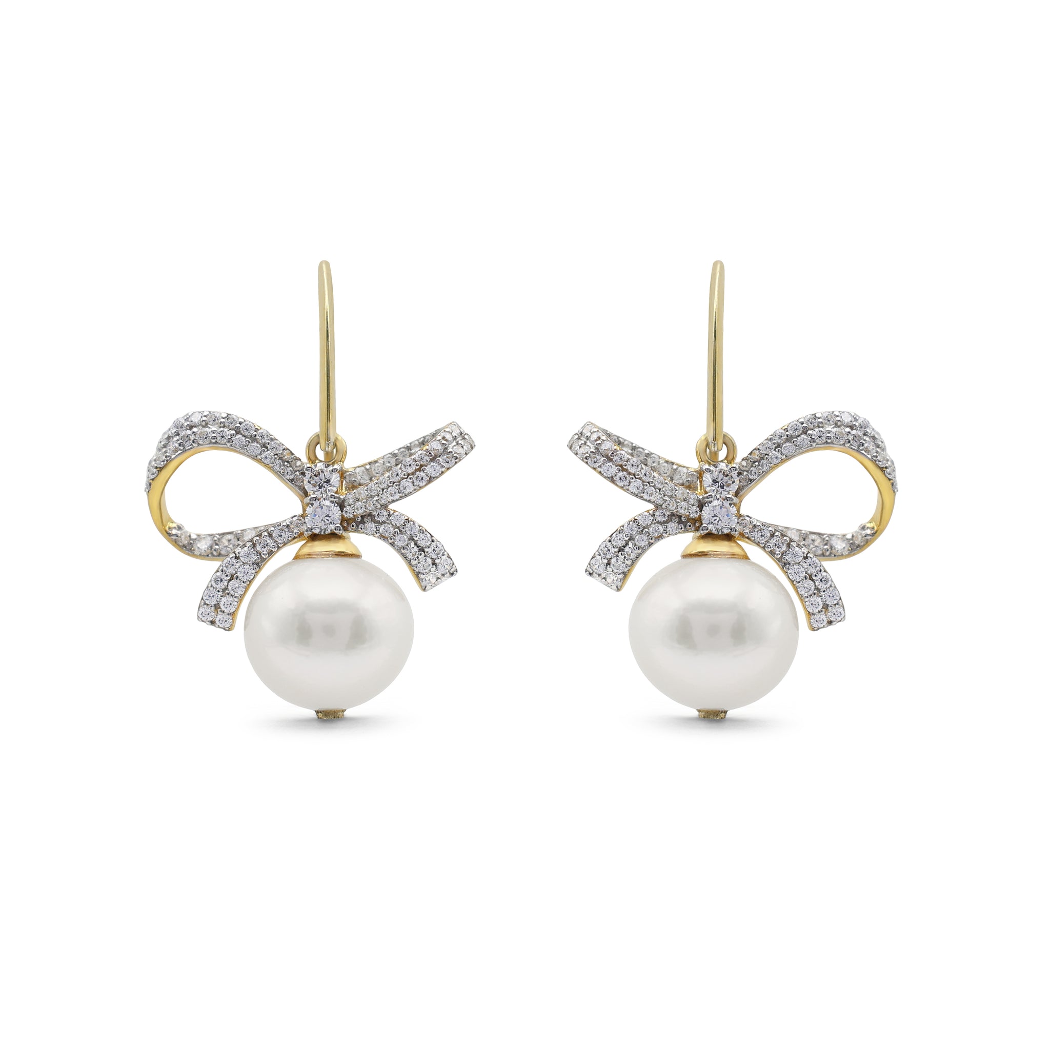 Elegant Pearl & Pavé CZ Bow Drop Earrings in Two-Tone 925 Sterling Silver