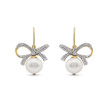 Elegant Pearl & Pavé CZ Bow Drop Earrings in Two-Tone 925 Sterling Silver