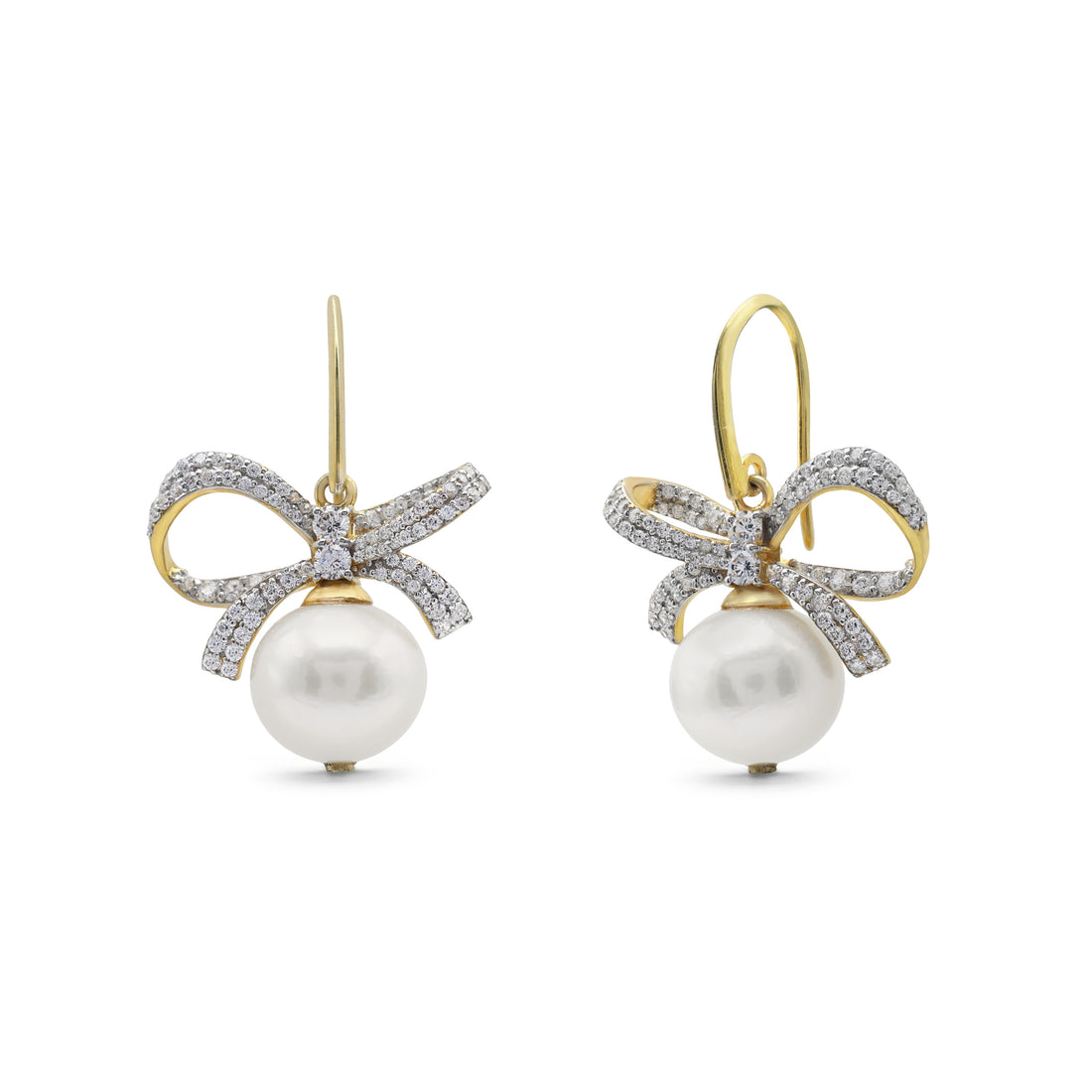 Elegant Pearl & Pavé CZ Bow Drop Earrings in Two-Tone 925 Sterling Silver
