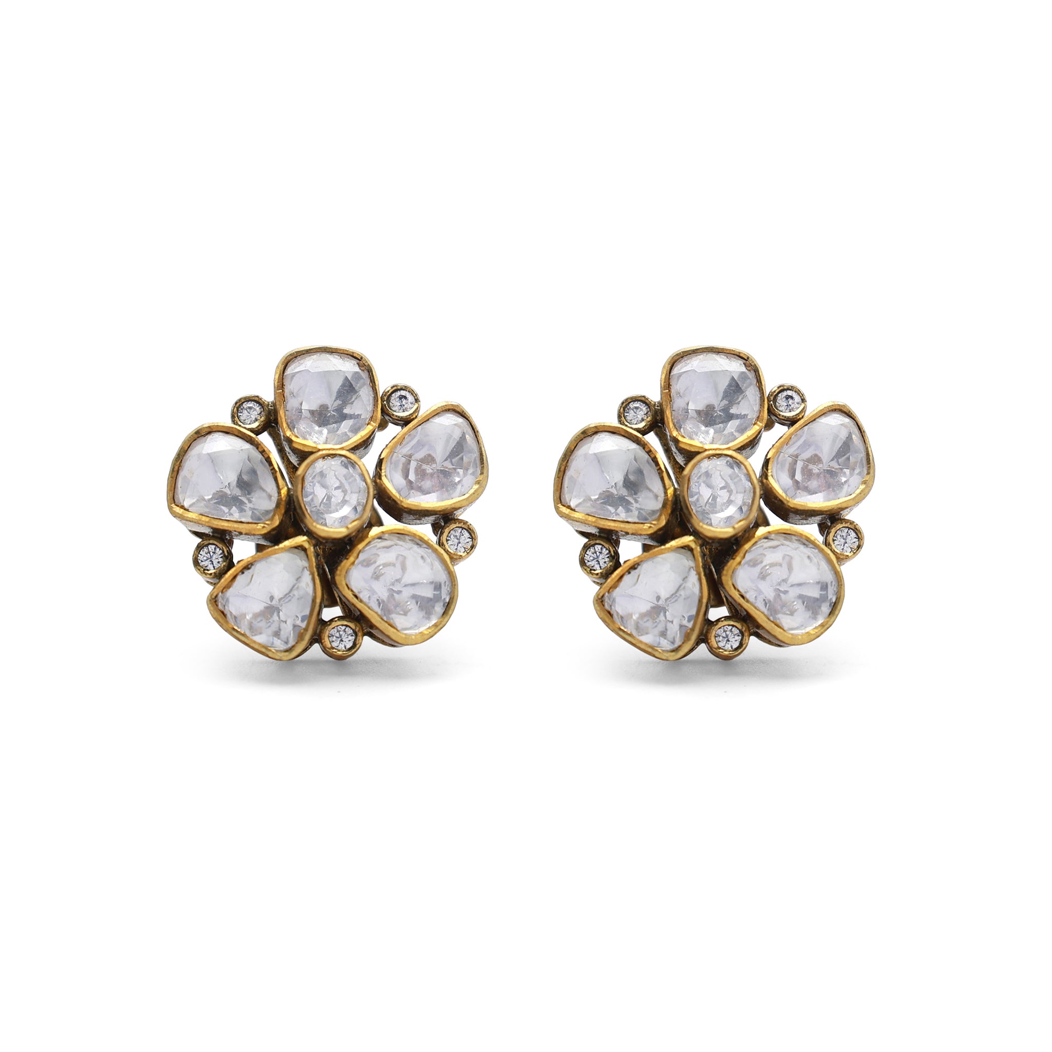 Kundan Style Moissanite Flower Stud Earrings with CZ Accents in Gold Finish 925 Sterling Silver
