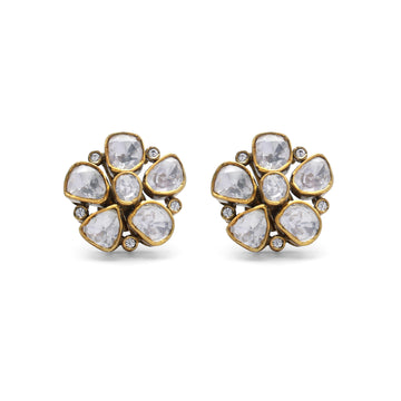 Kundan Style Moissanite Flower Stud Earrings with CZ Accents in Gold Finish 925 Sterling Silver