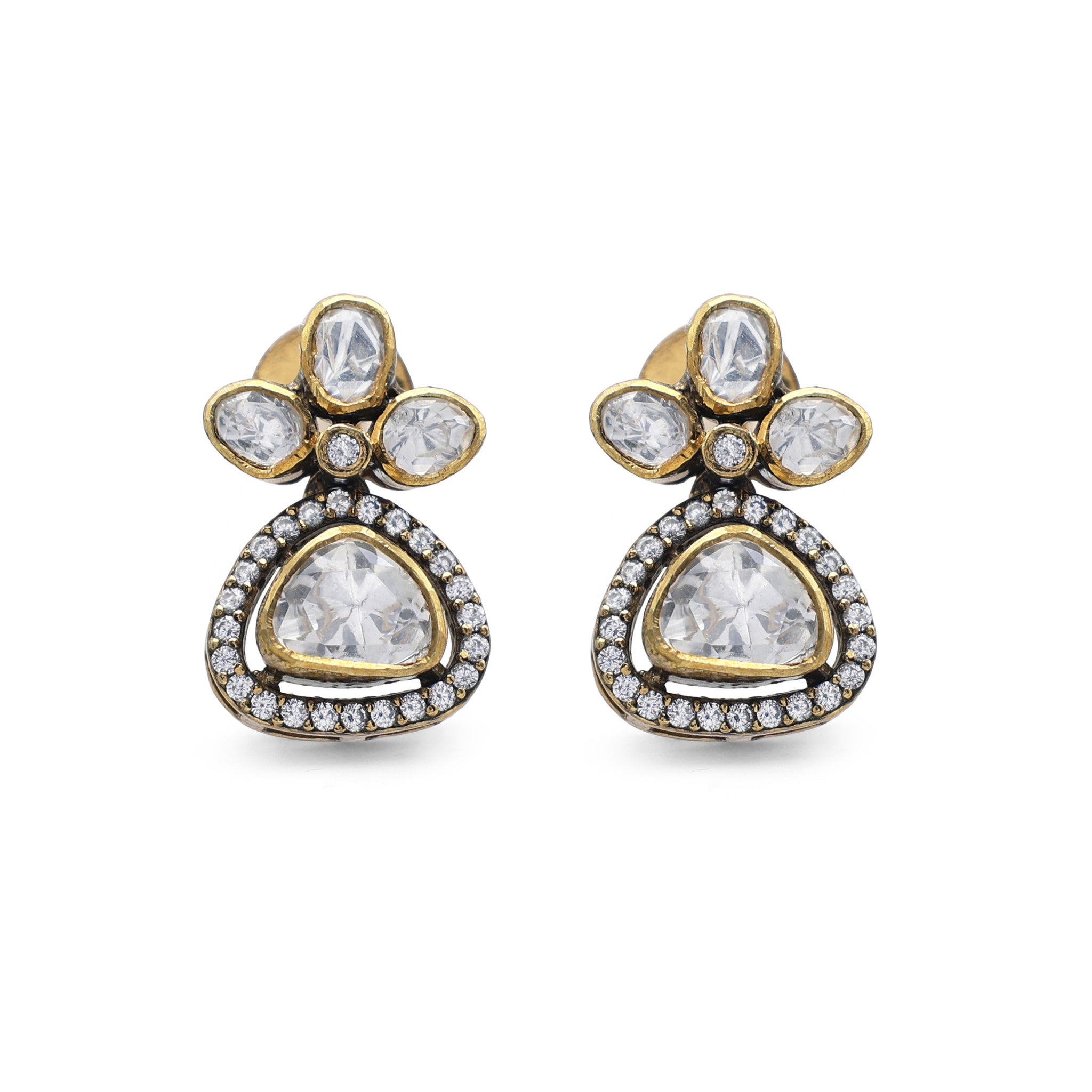 Kundan Style Moissanite & CZ Halo Drop Stud Earrings in Gold Finish 925 Sterling Silver