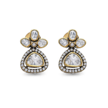 Kundan Style Moissanite & CZ Halo Drop Stud Earrings in Gold Finish 925 Sterling Silver