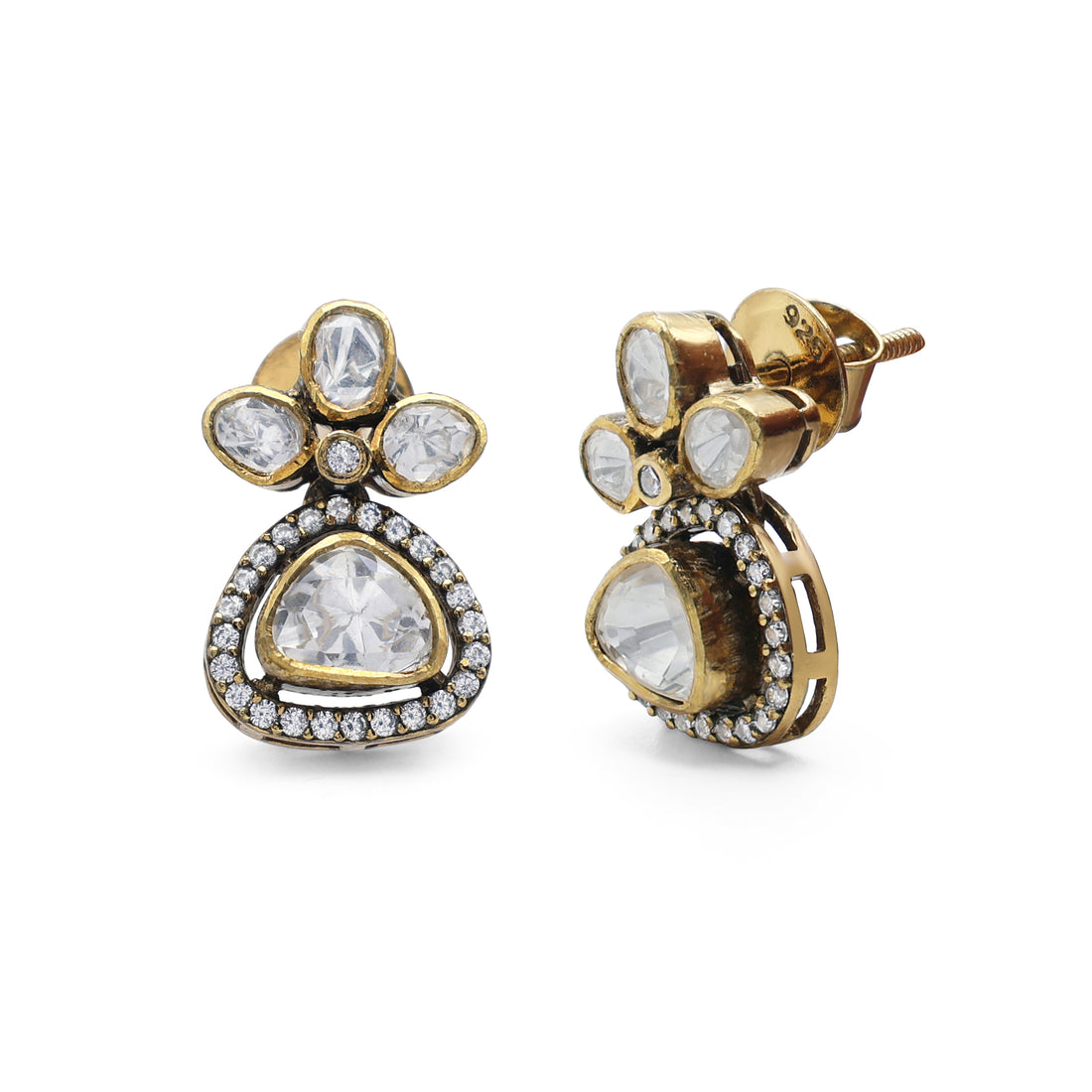 Kundan Style Moissanite & CZ Halo Drop Stud Earrings in Gold Finish 925 Sterling Silver