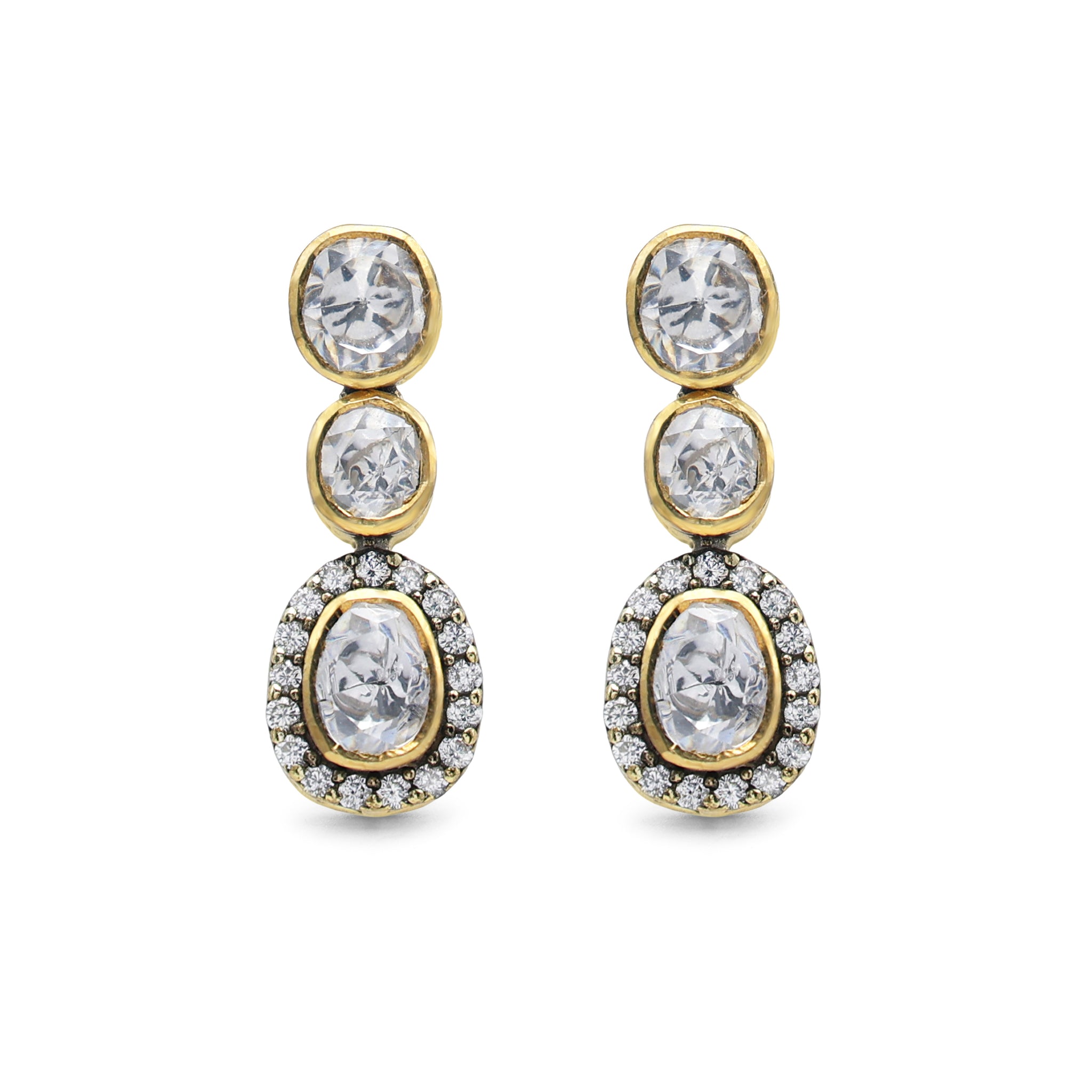 Kundan Style Moissanite Linear Drop Earrings with CZ Halo in Gold Finish 925 Sterling Silver