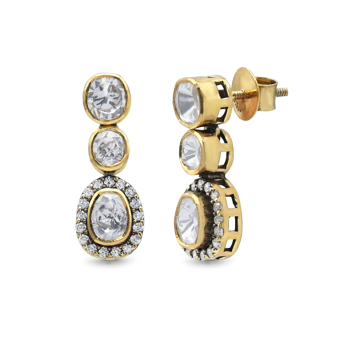 Kundan Style Moissanite Linear Drop Earrings with CZ Halo in Gold Finish 925 Sterling Silver