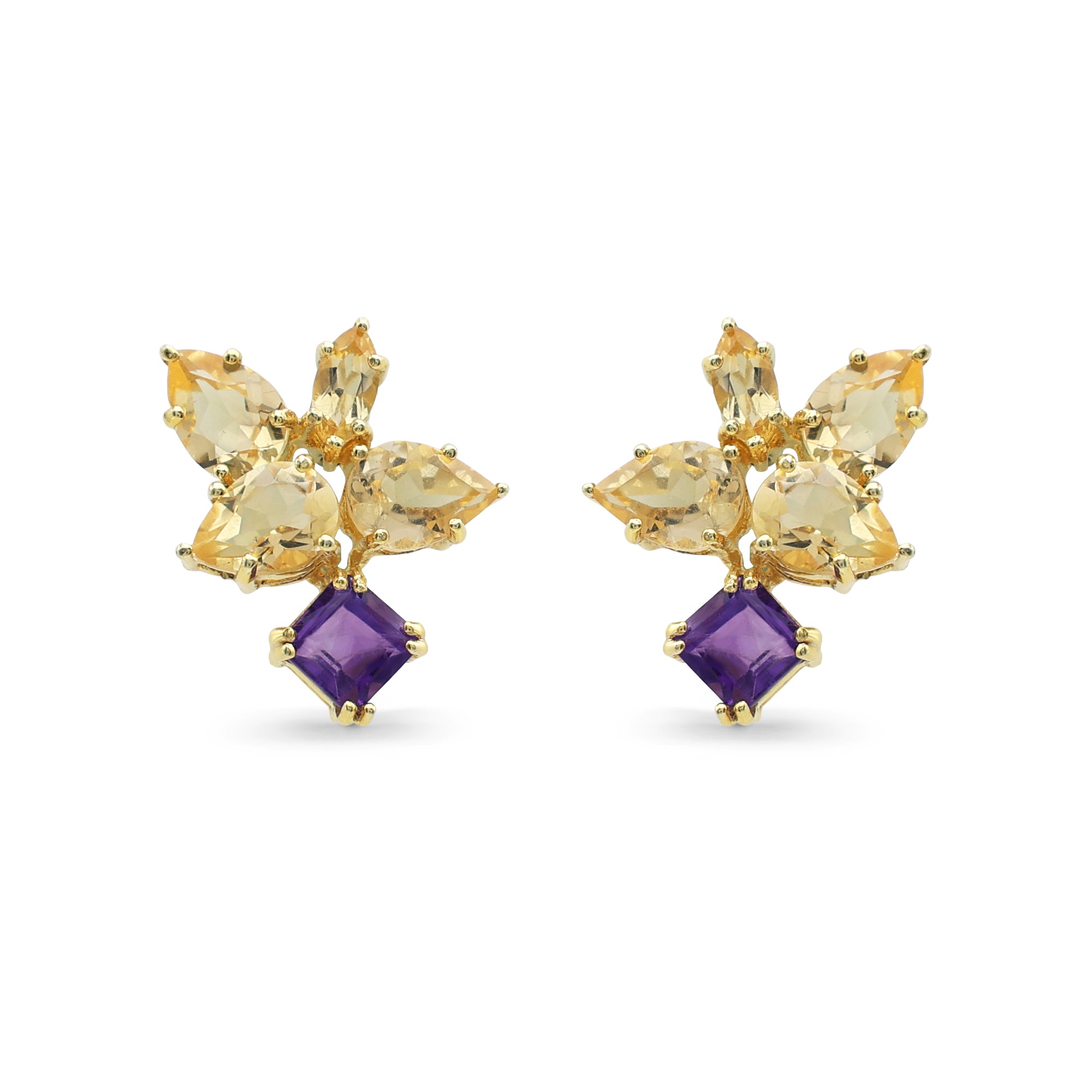 Botanical Citrine & Amethyst Cluster Stud Earrings in Gold Finish 925 Sterling Silver