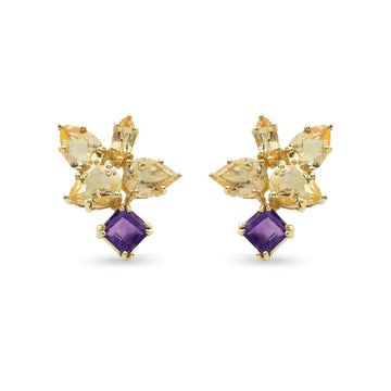 Botanical Citrine & Amethyst Cluster Stud Earrings in Gold Finish 925 Sterling Silver
