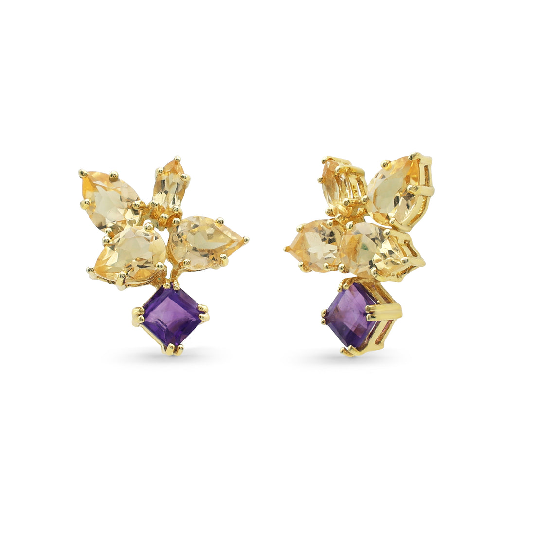 Botanical Citrine & Amethyst Cluster Stud Earrings in Gold Finish 925 Sterling Silver