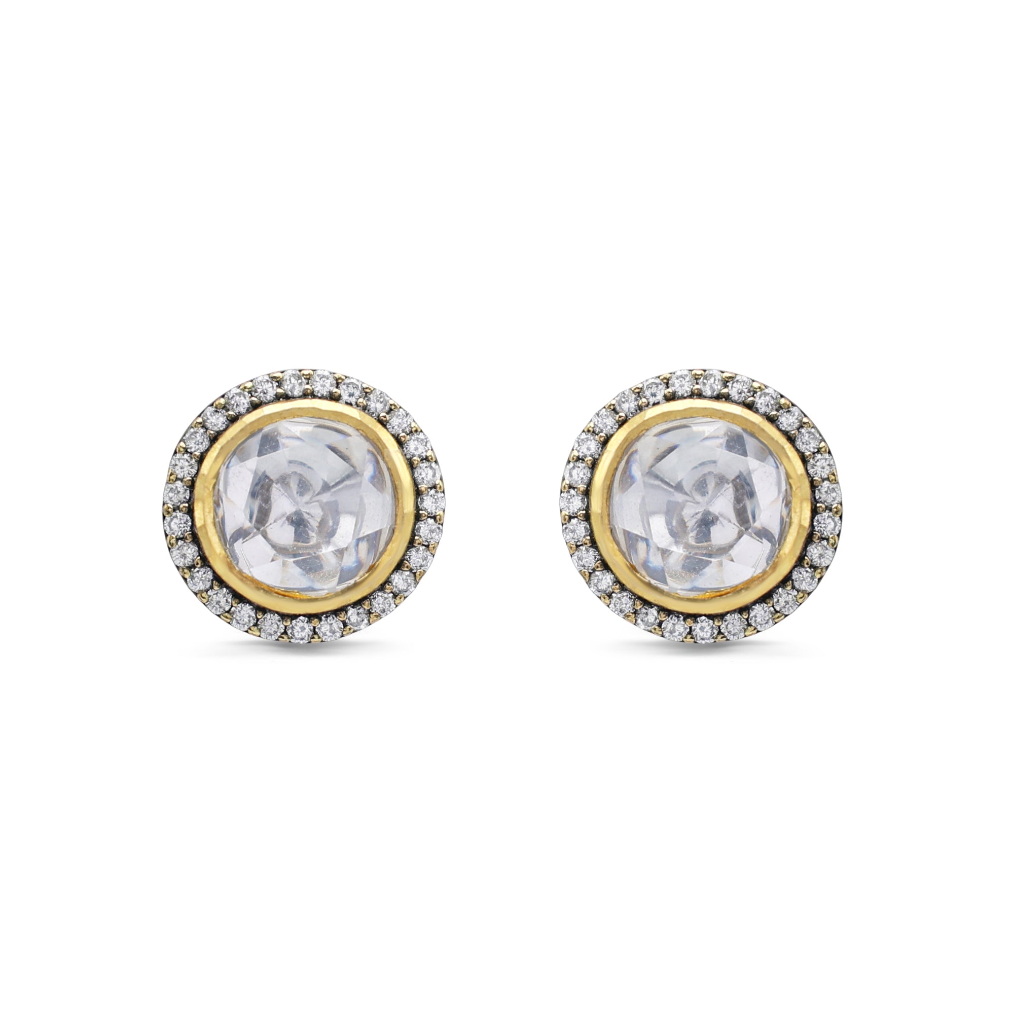 Classic Kundan Style Moissanite & CZ Halo Stud Earrings in Two-Tone 925 Sterling Silver