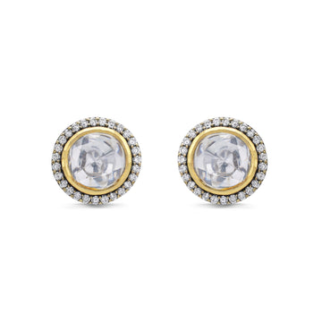 Classic Kundan Style Moissanite & CZ Halo Stud Earrings in Two-Tone 925 Sterling Silver