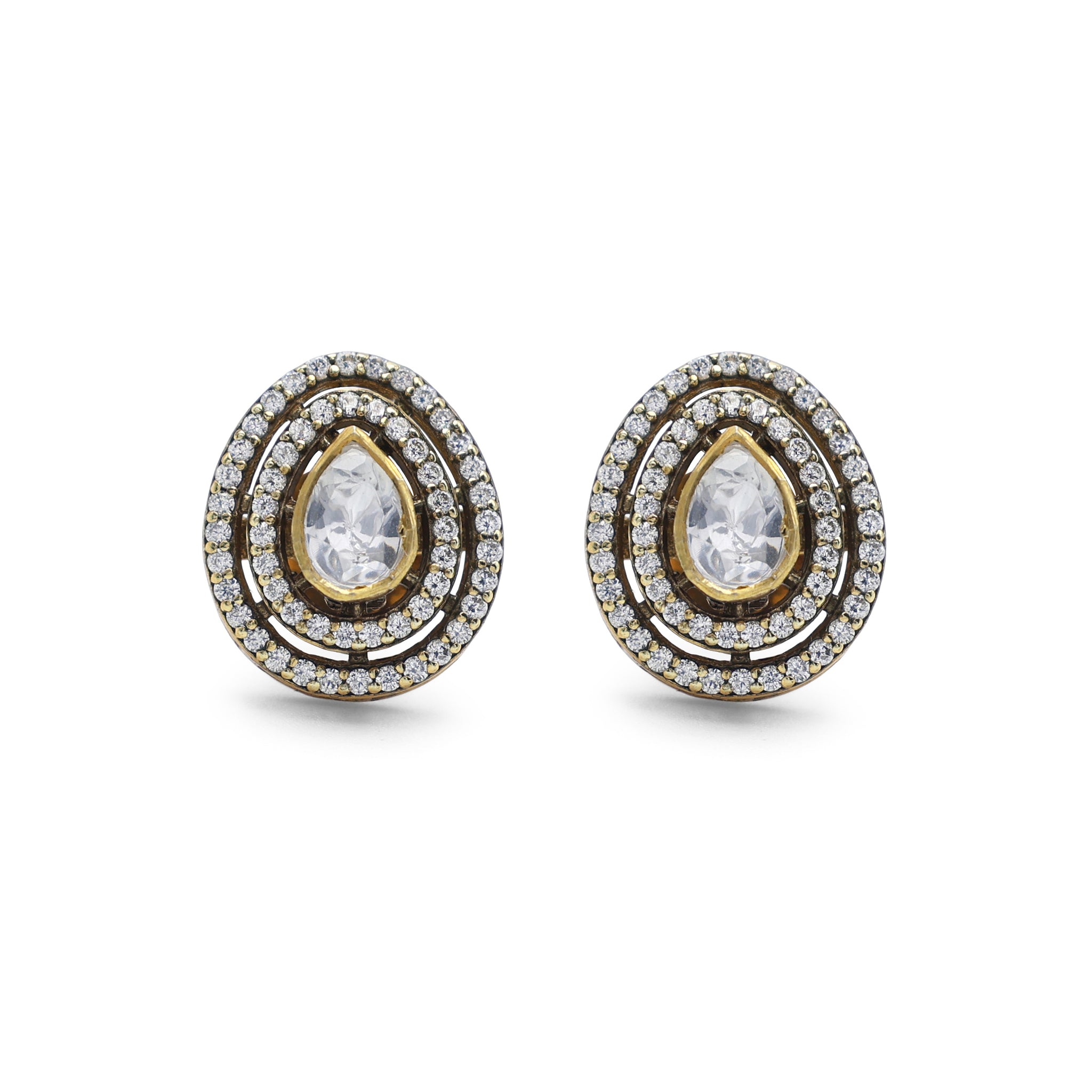 Regal Pear Moissanite & CZ Double Halo Stud Earrings in Gold Finish 925 Sterling Silver