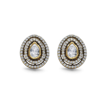 Regal Pear Moissanite & CZ Double Halo Stud Earrings in Gold Finish 925 Sterling Silver