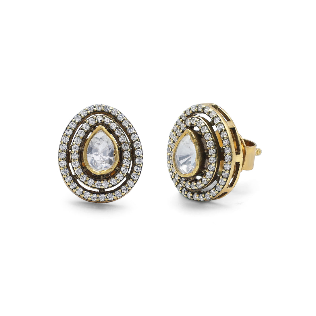 Regal Pear Moissanite & CZ Double Halo Stud Earrings in Gold Finish 925 Sterling Silver