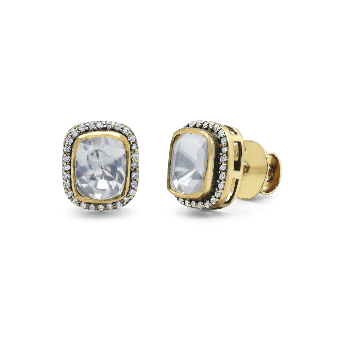 Kundan Style Cushion Moissanite & CZ Halo Stud Earrings in Gold Finish 925 Sterling Silver