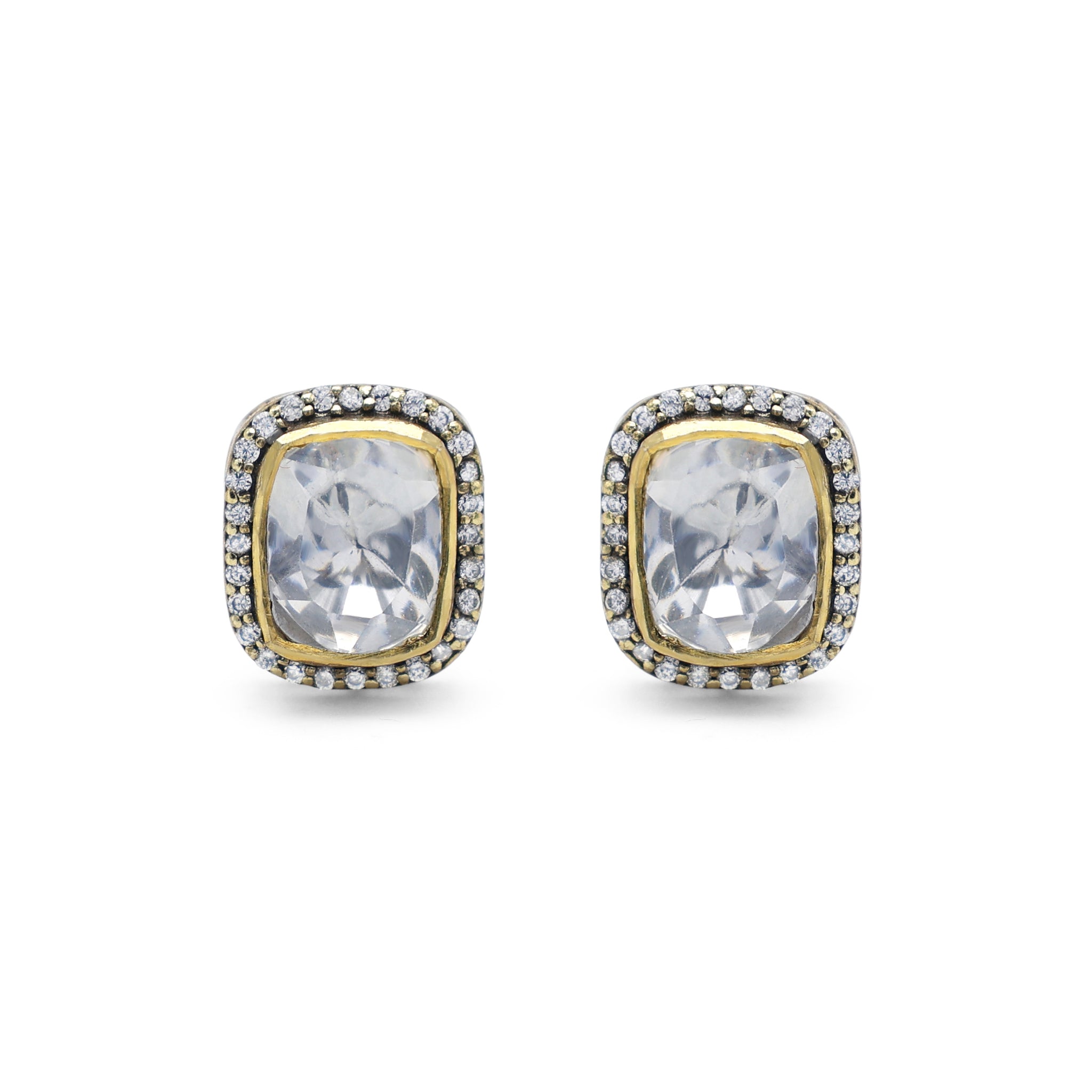 Kundan Style Cushion Moissanite & CZ Halo Stud Earrings in Gold Finish 925 Sterling Silver