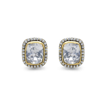 Kundan Style Cushion Moissanite & CZ Halo Stud Earrings in Gold Finish 925 Sterling Silver