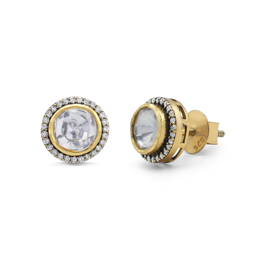 Classic Kundan Style Moissanite & CZ Halo Stud Earrings in Two-Tone 925 Sterling Silver
