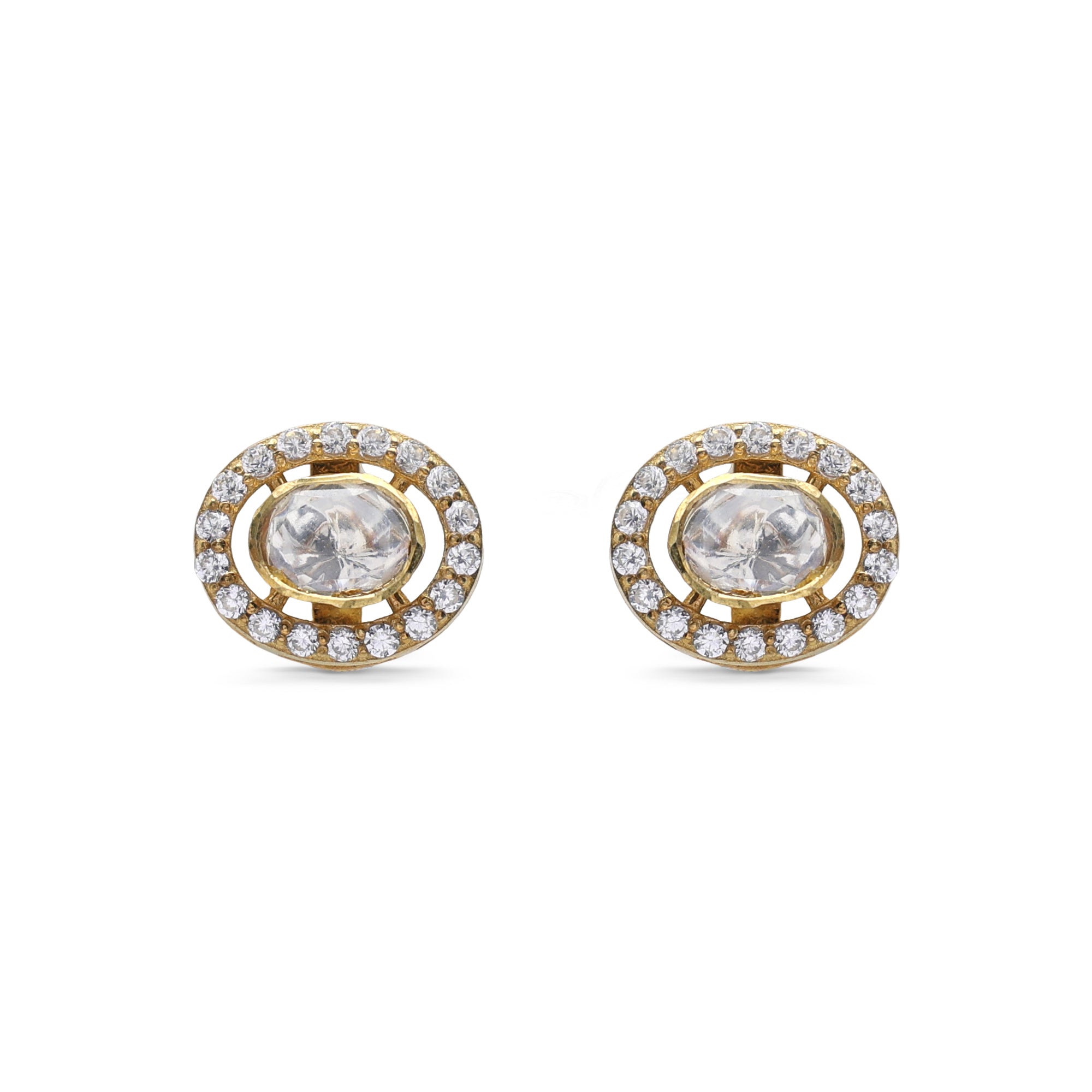 Kundan Style Moissanite & CZ Floating Halo Stud Earrings in Gold Finish 925 Sterling Silver