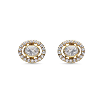 Kundan Style Moissanite & CZ Floating Halo Stud Earrings in Gold Finish 925 Sterling Silver