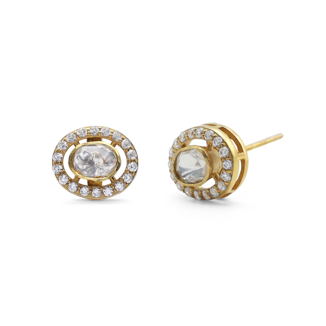Kundan Style Moissanite & CZ Floating Halo Stud Earrings in Gold Finish 925 Sterling Silver