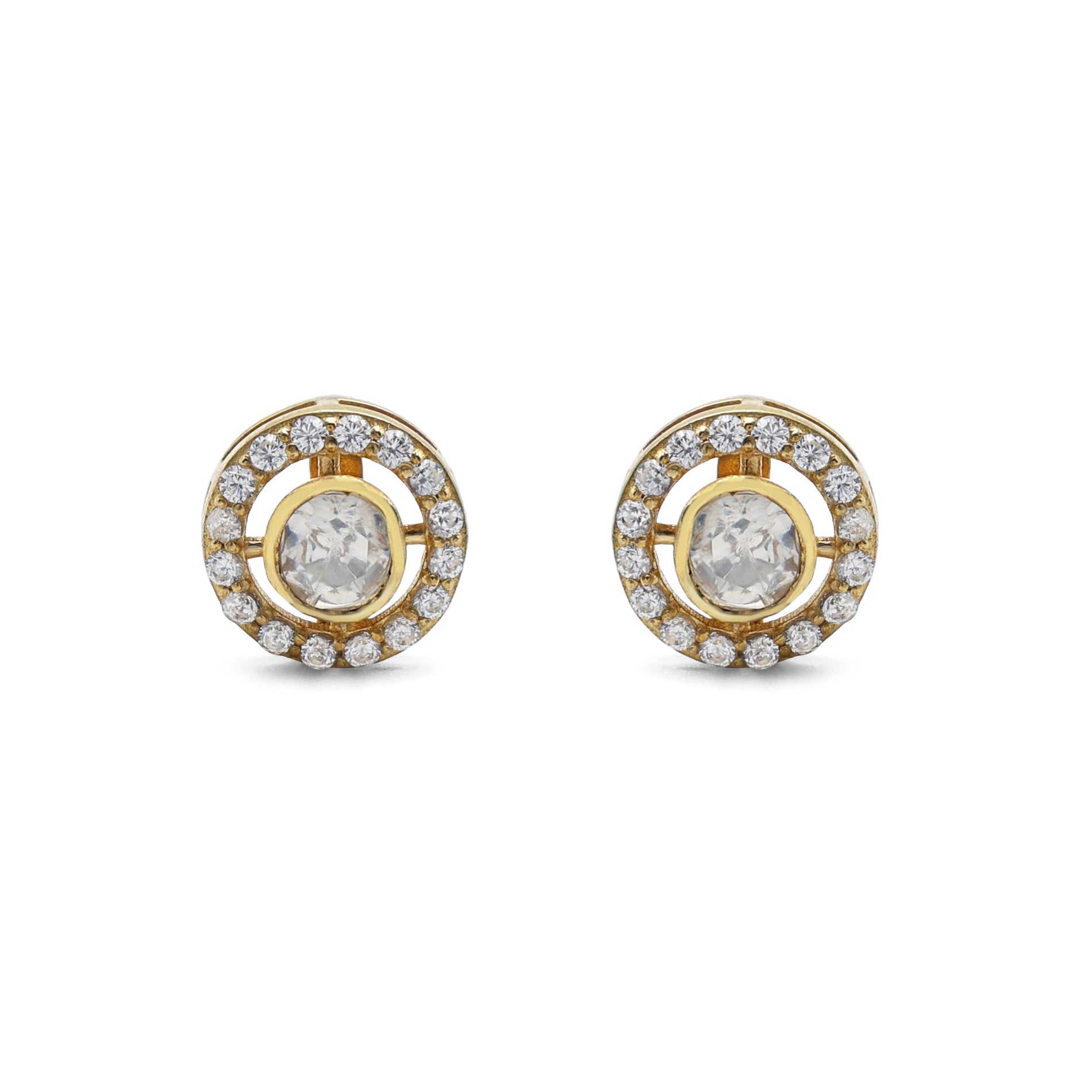 Modern Kundan Style Moissanite & CZ Halo Stud Earrings in Gold Finish 925 Sterling Silver