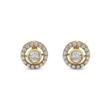 Modern Kundan Style Moissanite & CZ Halo Stud Earrings in Gold Finish 925 Sterling Silver