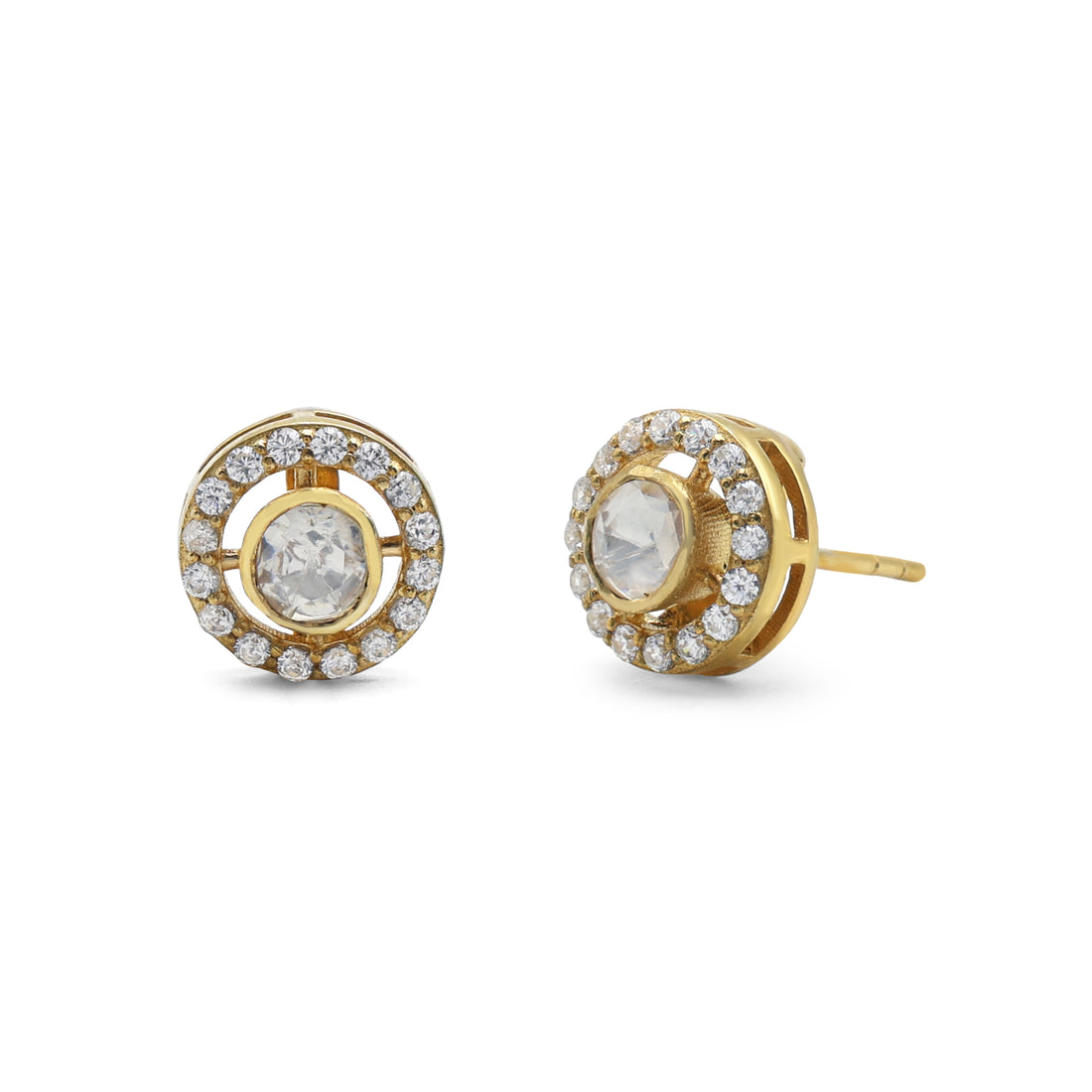 Modern Kundan Style Moissanite & CZ Halo Stud Earrings in Gold Finish 925 Sterling Silver