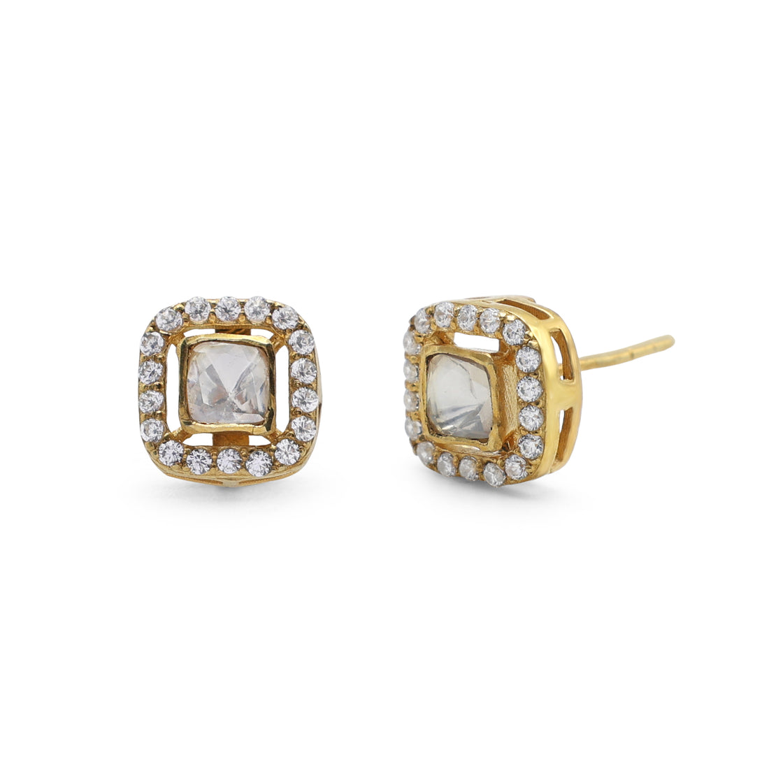 Kundan Style Cushion Moissanite & CZ Halo Stud Earrings in Gold Finish 925 Sterling Silver