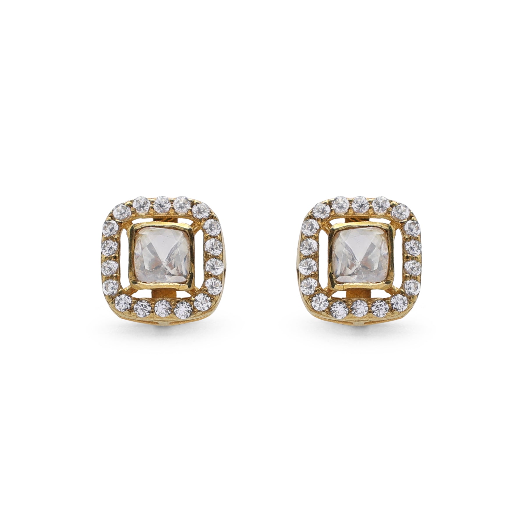 Kundan Style Cushion Moissanite & CZ Halo Stud Earrings in Gold Finish 925 Sterling Silver