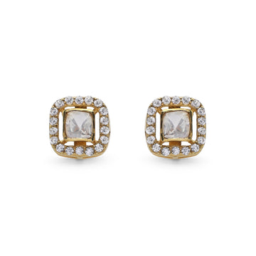 Kundan Style Cushion Moissanite & CZ Halo Stud Earrings in Gold Finish 925 Sterling Silver