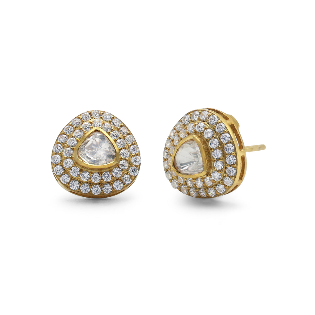 Regal Trillion Moissanite & CZ Double Halo Stud Earrings in Gold Finish 925 Sterling Silver