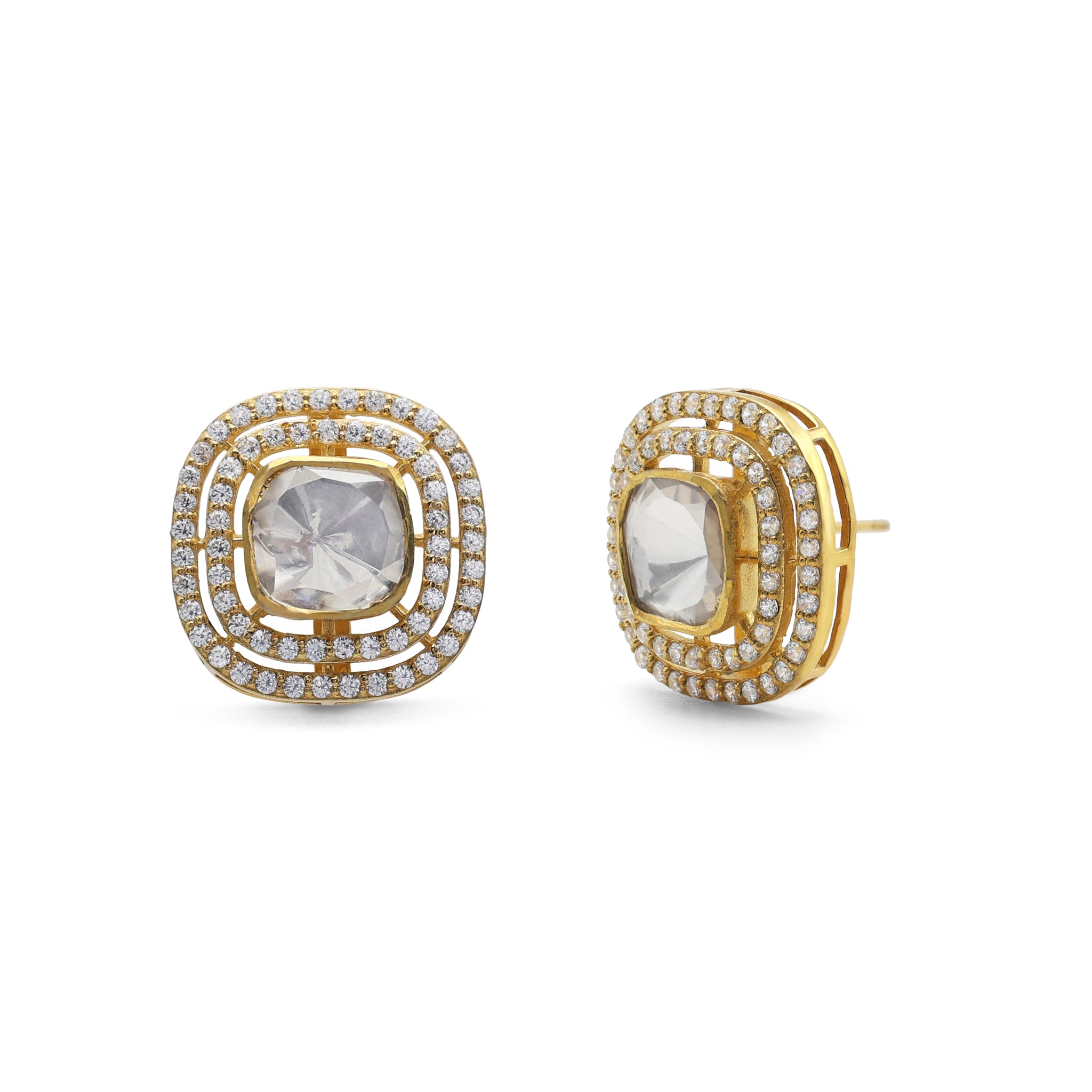 Kundan Style Cushion Moissanite & CZ Double Halo Stud Earrings in Gold Finish 925 Sterling Silver