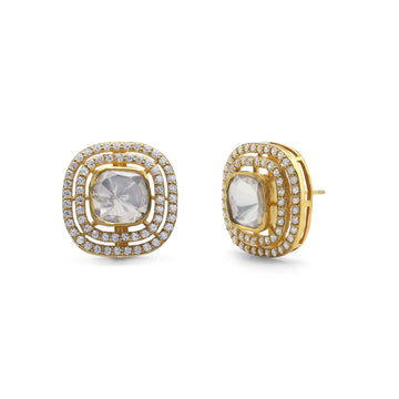 Kundan Style Cushion Moissanite & CZ Double Halo Stud Earrings in Gold Finish 925 Sterling Silver